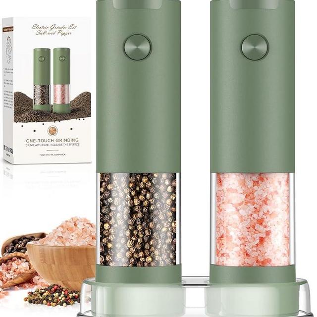 Salt and Pepper Grinder Set Mom Christmas Gifts, Electric Automatic Green Salt Pepper Shakers Home Kitchen Gadgets for New Home, Adjustable Coarseness Pepper Grinder Kitchen Appliances