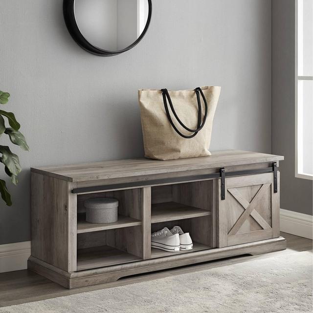 48" Metal Country Chalet Charm and Wood Bench Dark Gray Wash - Saracina Home