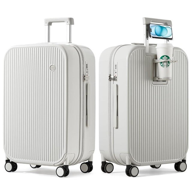 mixi Checked Luggage with Cup Phone Holder Hard Shell Rolling Travel Suitcase with Spinner Wheels,26 Inch Smoke White