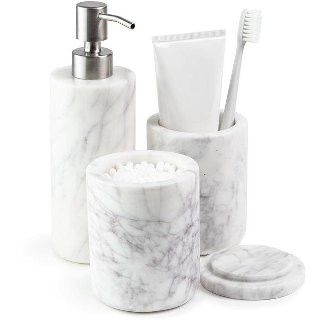 Cork & Mill Marble Bathroom Accessories Set, Complete 3 Piece Set with Soap Dispenser, Toothbrush Holder & Canister with Lid for Qtips, White Marble Bath Countertop Vanity Decor Organizer