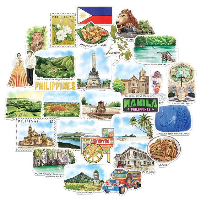 Navy Peony Pristine Philippines Travel Stickers (28pcs) - Die-Cut, Manila, Filipino-Themed Vacation Decals for Journals, Scrapbooks, Luggage, Tumblers