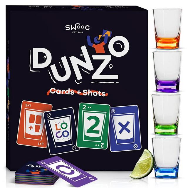 DUNZO® - Party Version of Classic Card Game with 4 Unbreakable Shot Glasses - Draw Two, Skip, Reverse, Get Loco - Fun Party Game Funny Gifts - Card Games