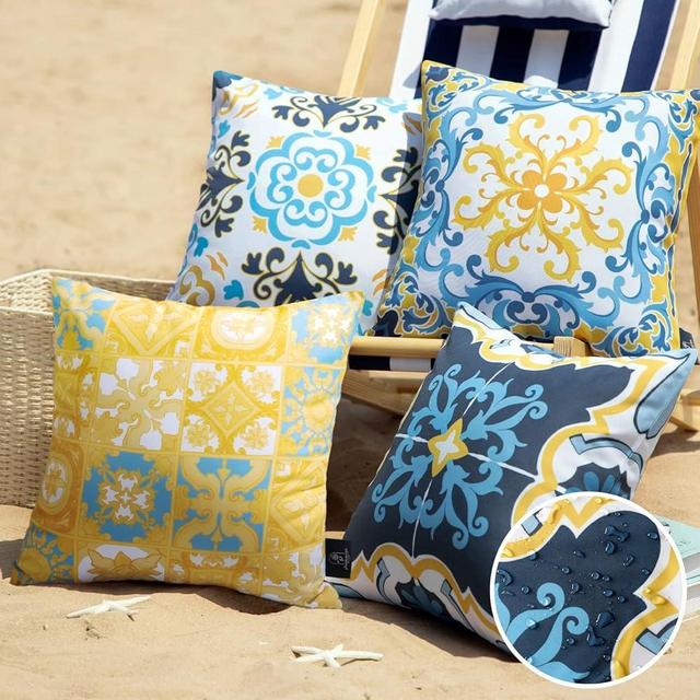 Phantoscope Set of 4 Outdoor Waterproof Throw Decorative Pillow Cover Geometric Boho Farmhouse Outdoor Pillows Cushion Case for Patio Furnitures Tent Sunbrella, Blue and Yellow 18x18 Inches