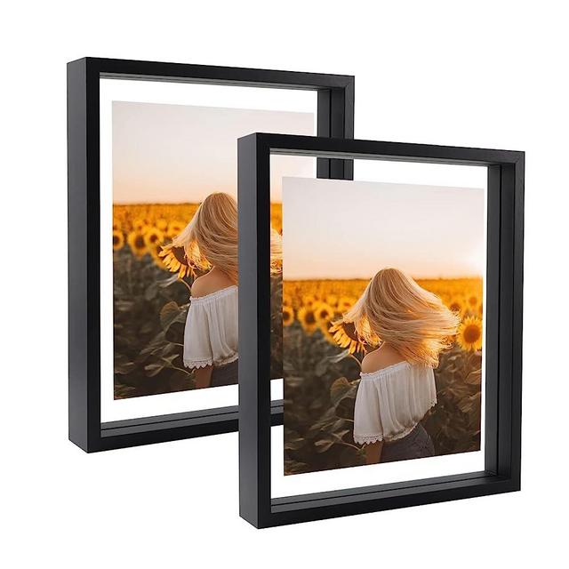 WIFTREY Black 8x10 Floating Picture Frame 2 Pack, Double Glass Distressed Floating Photo Frame for Tabletop or Wall Mount, Displays Photo up to 10x12