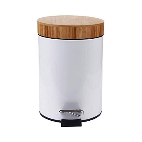 L-Line Bathroom Trash can with Pedal,Bamboo lid-New Design.Soft Close lid,0.8GAL/3L .White Steel with Removable Inner bin.Strong &Anti Skid Pedal.Color Box.Unique & Boutique Style