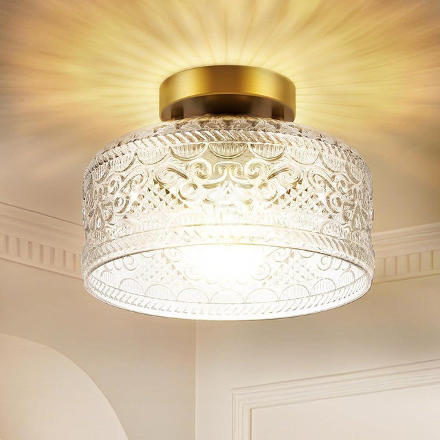 Semi Flush Mount Ceiling Light Gold, Upgraded Larger Vintage Glass Pendant Lamp Shade, Modern Farmhouse Light Fixture for Hallway Corridor Kitchen Entryway Bedroom, Bulb Not Included