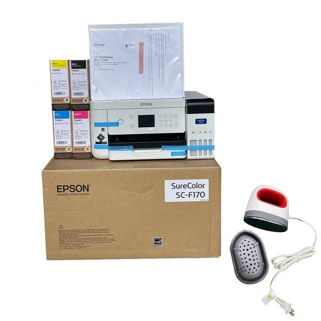 Epson F170 Cartridge-Free eco Supertank Sublimation Color Printer Starter Bundle. Free Mini Iron Heat Press Machine, 8.5"x 11" 10 Sheets Free Sublimation Paper and 1 Heat Resistant Tape.