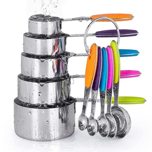 10 Pieces Metal Measuring Cups and Spoons Set,KELOFKO 18/8 Stainless Steel Measuring Cups and Measuring Spoons Set with Colorful Silicone Handle,Stackable Measuring Sets for Dry and Liquid Ingredients