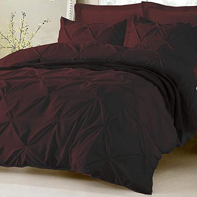Kotton Culture Pinch Pleated 3 Piece Duvet Cover Set 100% Egyptian Cotton 600 Thread Count with Zipper & Corner Ties Tuffed Pattern Decorative (Oversized King, Wine)
