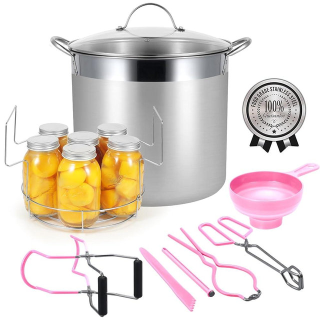 HOMKULA Stainless Steel Canning Pot with Rack and Lid, Large Water Bath Canner, Full Home Canning Supplies Starter Kit, Compatible with Induction and Glass Top Stoves (Pink)