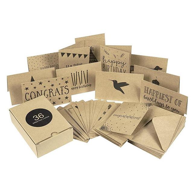 36 Pack Greeting Cards Assortment, 36 Unique Designs Kraft Brown Blank Note Cards with Envelopes for All Occasion, Thank You, Wedding, Birthday