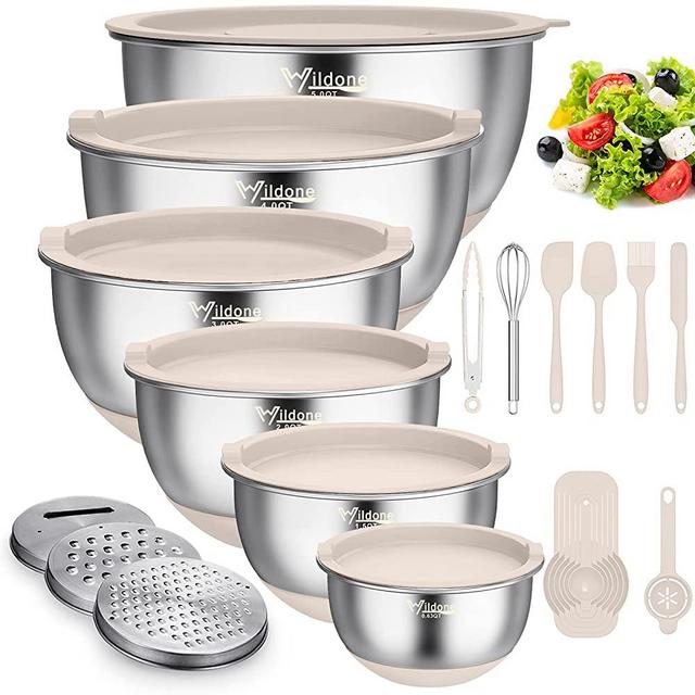 Mixing Bowls with Airtight Lids, 22 PCS Stainless Steel Metal Bowls by Wildone, 3 Grater Attacments, Measurement Marks & Non-Slip Bottom, Size 5, 4, 3, 2,1.5, 0.63QT, Ideal for Mixing & Serving(Khaki)