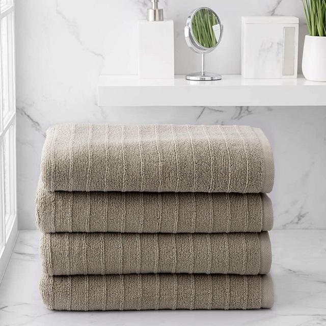 Welhome James 100% Cotton 4 Piece Bath Towels | Sand Brown | Stripe Textured | Supersoft & Durable | Highly Absorbent & Quick Dry | Ideal for Everyday Use | 450 GSM | Machine Washable