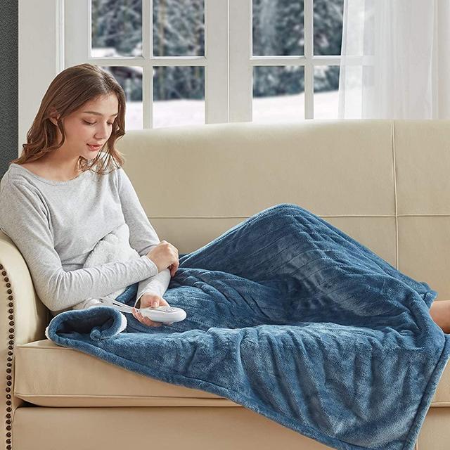 Degrees of Comfort Plush Sherpa Electric Heated Throw Blanket for Winter, Blue 50” X 60” |Washable | Auto Shut Off | 3 Therapeutic Heat Settings | UL Safety Certified