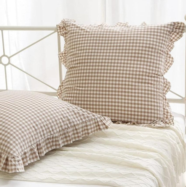 2 Pack Taupe White Plaid Ruffle Square Euro Pillow Shams, 100% Washed Cotton Gingham Camel Brown Fall Decorative Pillow Covers for Bed/Sofa - 26''x26''
