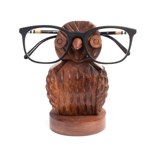 Matr Boomie Handmade Solid Wood Hand Carved Quirky Cute Decorative Owl Eyeglass Spectacle Glasses Holder Stand Display, Optical Accessories, Gift for Her, Mom