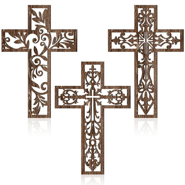 3 Pcs Wooden Wall Hanging Cross Handmade Antique Cross Hanging Decor Religious Cross Decorations for Wall Brown Wooden Cross Home Decor Hand Carved Wall Crosses for Living Room Nursery Wedding