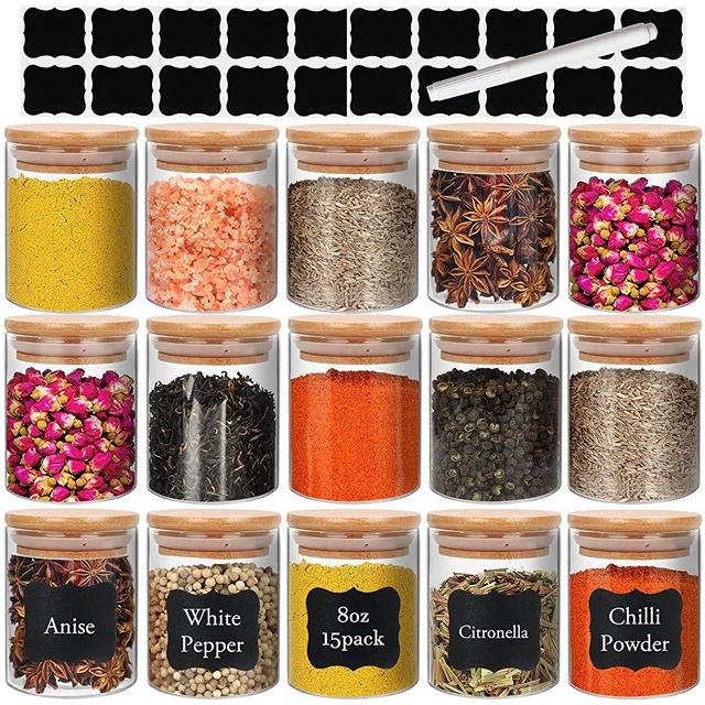 8 oz Glass Jars with Bamboo Lids, Borosilicate Glass Airtight Canisters sets, Glass Food Storage Container, Pantry Organization and Storage Jars, Kitchen Canisters Sets, Spice Jars of 15