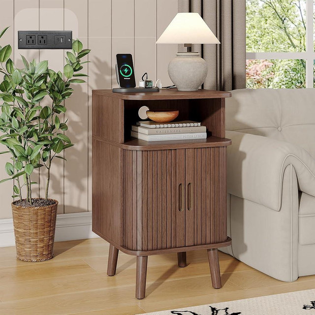 Alohappy Fluted End Table with Charging Station, Mid Century Modern Nightstand with Sliding Tambour Doors, Curved Accent Wood Side Table with Storage for Bedroom, Living Room, Walnut