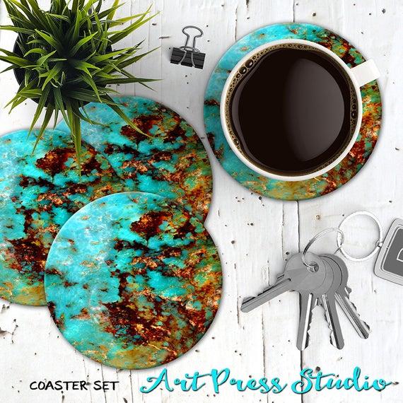 Turquoise Stone Coasters, Set of 4 Cork Back Faux Turquoise Coasters, Boho Printed Turquoise Stone Coaster Set
