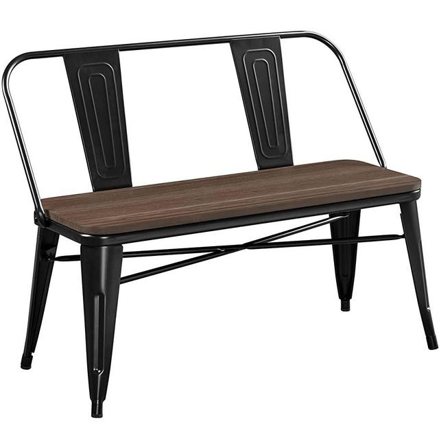 Yaheetech Industrial Metal Bench Mid-Century 3 Person Chair Dining Room Long Bench Dining Bench Table Bench Farmhouse Bench with Wood Seat,Removable Backrest,Black
