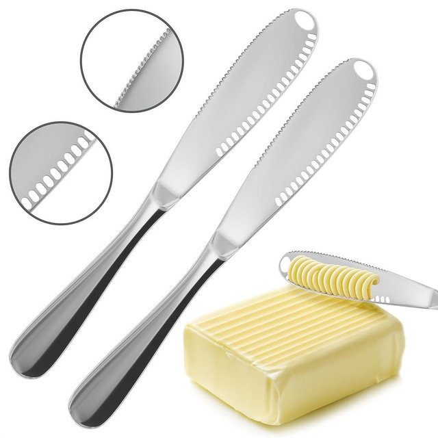 2 PCs Butter Knife Spreader – 3 in 1 Stainless Steel Butter Knives with Grater Blade and Holes for Spreading and Slicing – Cheese Spreader Knives with Corrosion-Resistant Finish and Easy-Grip Handle