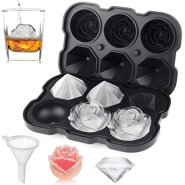 Ice Cube Tray, Mikiwon 2 inch Rose Ice Cube Trays With Covers, 3 Cavity Silicone Rose Ice Tray & 3 Diamond Ice Ball Maker, Easy Release Large Ice Cube Form for Chilled Cocktails, Whiskey Juice
