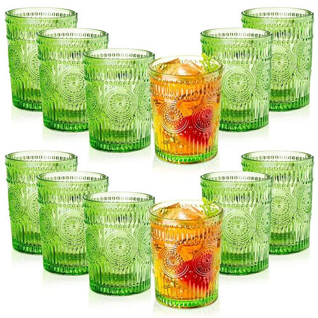 Eccliy 12 Pack 10 oz Romantic Water Glasses Vintage Glassware Drinking Glasses Tumblers Set for Juice, Beverages, Beer, Cocktail, Whiskey (Green)