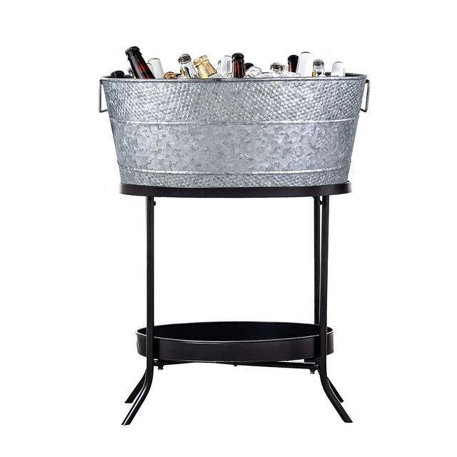 BREKX Aspen Galvanized Beverage Tub with Stand for Parties - 25-Quart Drink Tub w/Handles - Ash Gray