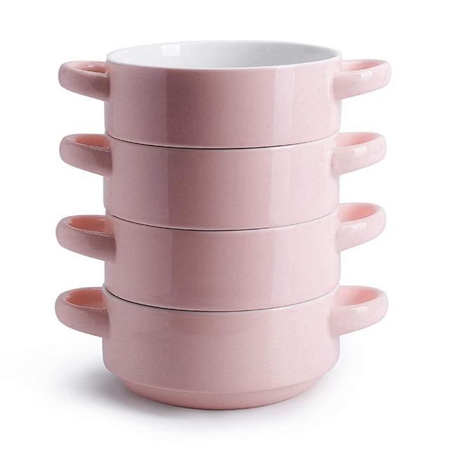 Sweese 108.108 Porcelain Bowls with Handles - 20 Ounce for Soup, Cereal, Stew, Chill, Set of 4, Pink
