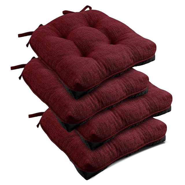 downluxe Indoor Chair Cushions for Dining Chairs, Tufted Overstuffed Textured Foam Kitchen Chair Pads with Ties and Non-Slip Backing, 15.5" x 15.5" x 4", Burgundy, 4 Pack