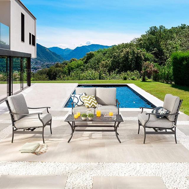 LOKATSE HOME 4 Piece Patio Conversation Set Outdoor Chat Dining Furniture Cushioned Metal Loveseat 2 Chairs and a Coffee Table, Gray