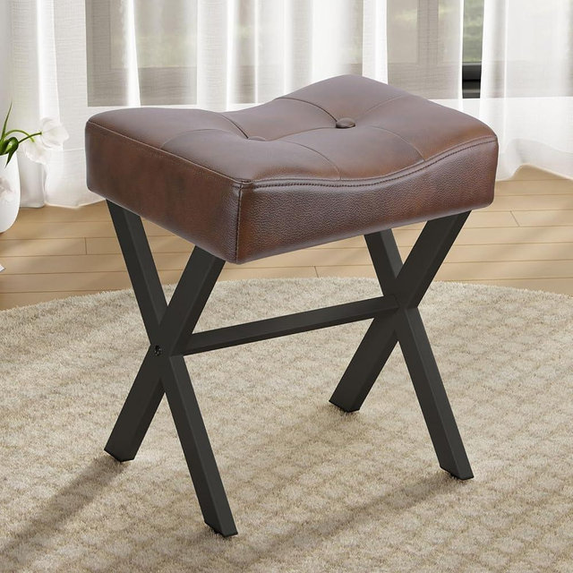 Memobarco 18-Inch Leather Vanity Stool Chair, Vanity Bench with Metal X-Leg, Ottoman Foot Stool with Thick Padded Saddle Seat, Dark Brown
