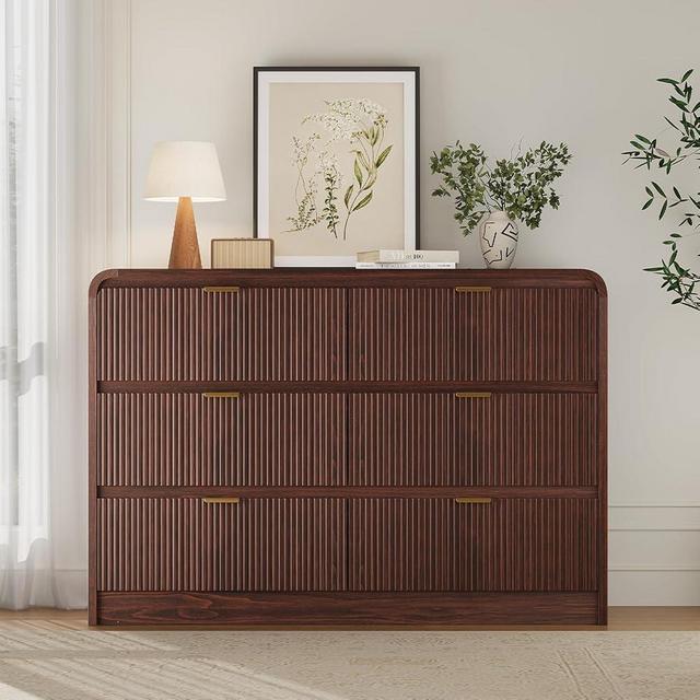 FURSUN Fluted 6 Drawers Dresser for Bedroom, 54" Wide Wooden Dresser with Metal Handle, Curved Profile Design, Modern Storage Organizer for Living Room, Hallway (Walnut)