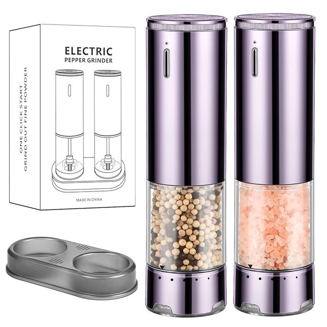 Electric Salt and Pepper Grinder Set Automatic Refillable Salt and Pepper Grinders with LED Light Pepper Grinder Kitchen Gadgets Adjustable Coarseness,One Handed Operation, Large Capacity