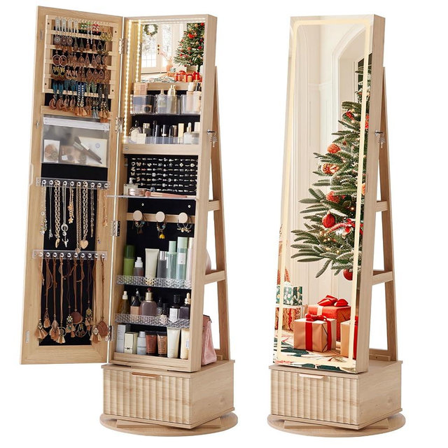 Joaxswe Fluted 360° Swivel Jewelry Armoire Cabinet Standing with Full Length Mirror, Lockable Jewelry Organizers and Drawer Storage with 3 Color LED Lights & Interior Mirror Rear Storage Shelves