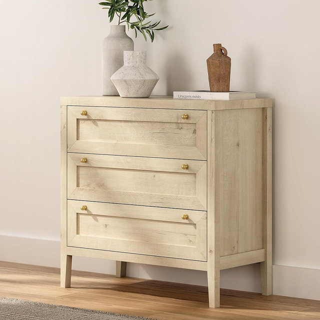 EYYTHUNG 3 Drawer Dresser for Bedroom, Modern Chest of Drawers with Golden Handles, Wood Tall Nightstand, Storage Dresser Cabinet Side Table for Living Room, Hallway, Light Oak