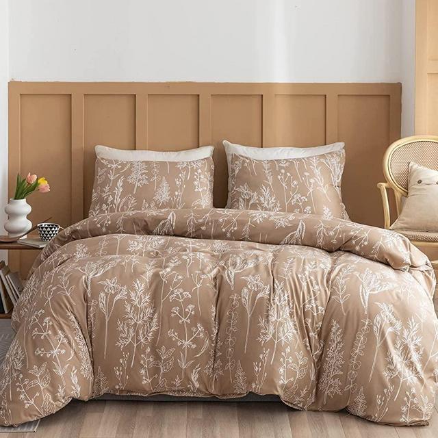 Janzaa 3 Pieces Duvet Covers Queen Size Floral Duvet Cover White Botanical Printed on Taupe Duvet Cover Soft Bed Cover with Zipper Closure 4 Ties (2 Pillow Cases)