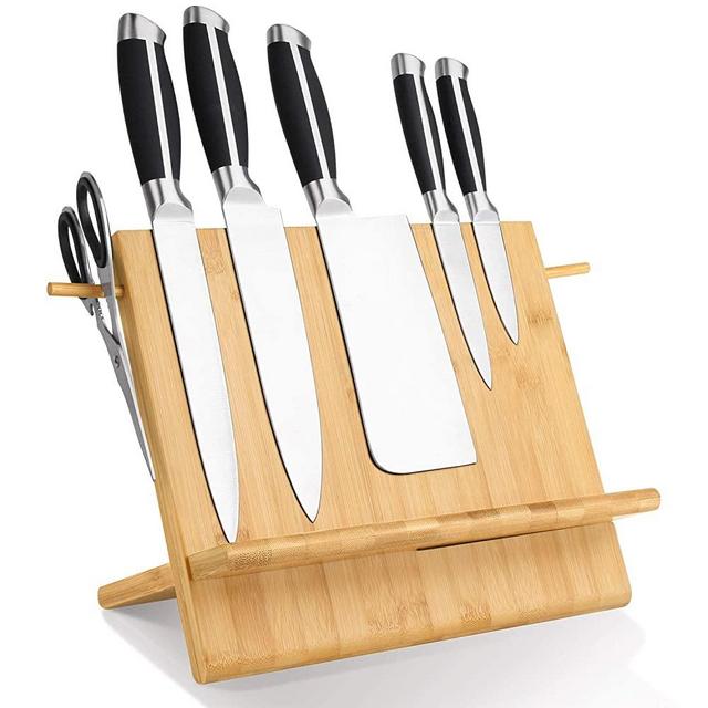 Bamboo Wood Magnetic Knife Block, Powerful Magnetic Knives Holder, Large Capacity Knife Organizer Block and Storage, Recipe Display Stand