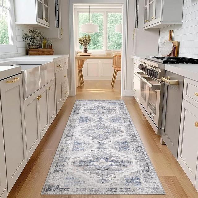 jinchan Runner Rug 3x8 Washable Hallway Vintage Thin Rug Grey Floral Print Floor Cover Accent Retro Indoor Mat Non Slip Carpet Kitchen Living Room Bedroom Dining Room
