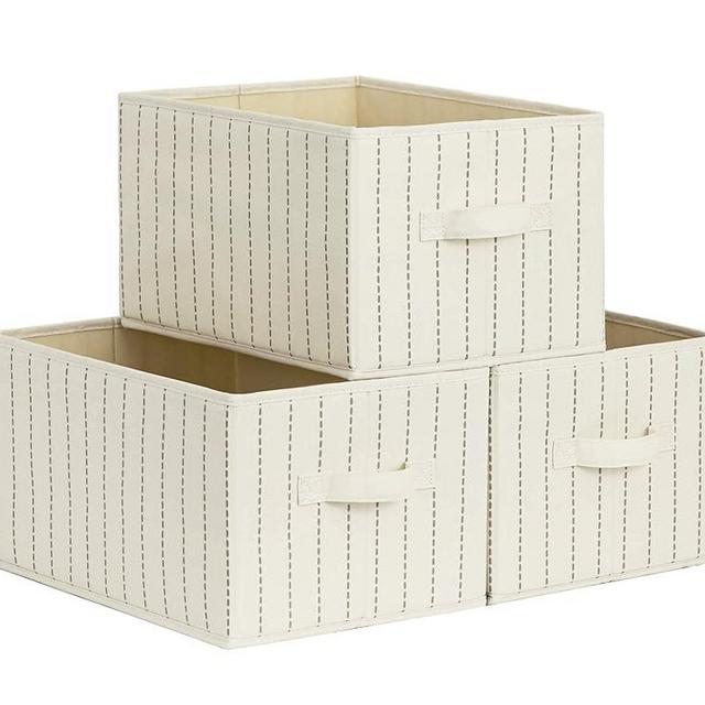 StorageWorks Storage Bins for Shelves, Storage Baskets and Clothes Organizer with Handles, Fabric Closet Bins, White with Grey, Dotted Line, 3-Pack