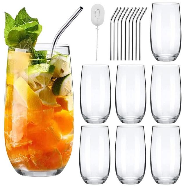 Highball Glasses Set,Tall Drinking Cups Set of 8,Clear Water Glass Tumblers with Straws,16 OZ Glassware for Kitchen,Bar,Mojito,Cocktail,Juice,Mixed Drink,Water,Beer.