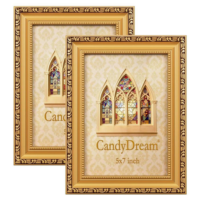 CandyDream 5×7 Picture Frame Set of 2 - Gold Picture Frames for Wall and Tabletop Display,Poster Photo Frames, Gallery Wall Frames, Ornate Vintage 5×7 Plastic Frame with HD Plexiglass