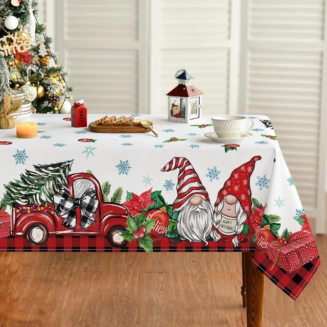 Horaldaily Christmas Tablecloth 60×84 Inch Rectangular, Gnome Truck Gifts Red Buffalo Plaid Washable Seasonal Table Cover for Party Picnic Dinner Decor