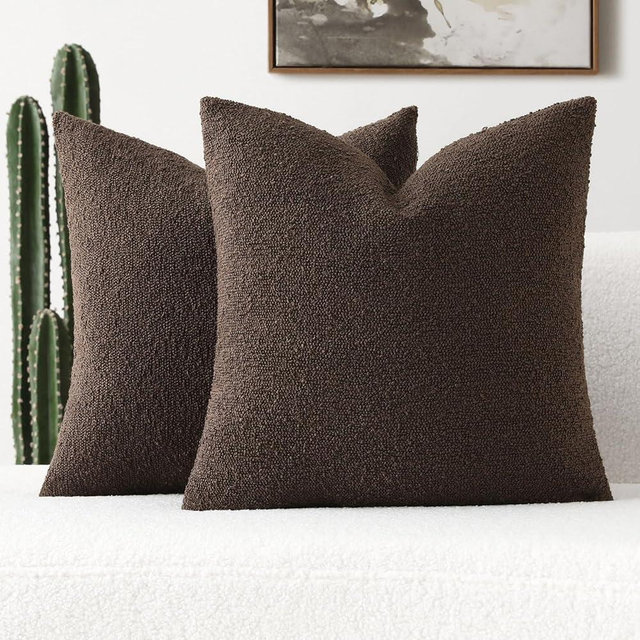 FUTEI Pack of 2 Dark Coffee Boucle Accent Decorative Throw Pillow Covers,18x18 Inch Soft Solid Textured Cushion Case,Home Decor for Couch Bed Living Room