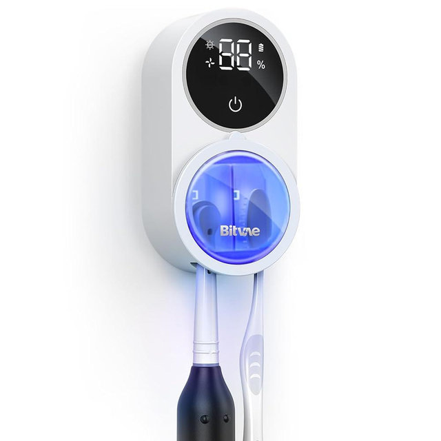 Bitvae Toothbrush Cleaner, UV-C Cleaning and Air Drying, LED Smart Screen, Rechargeable Wall Mount Toothbrush Holder, White