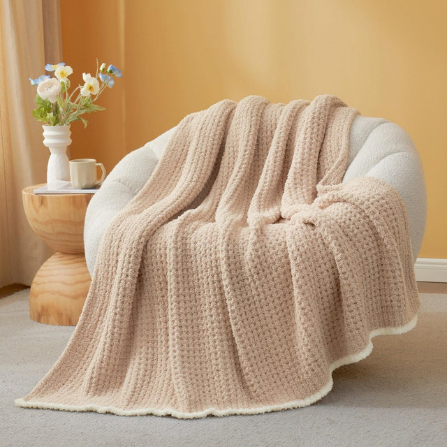 Snuggle Sac Fluffy Fuzzy Reversible Waffle Knit Blanket,Cozy Microfiber Throw,Classic Textured Design,Beige,50"*60"