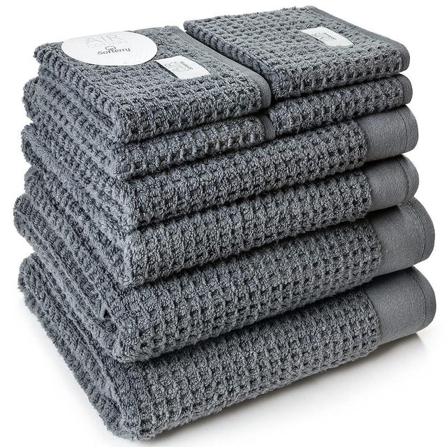 Softerry Waffle Bath Towel Set - 100% Soft Cotton - Plush and Extra Absorbent - Luxury Hotel & Spa Quality - Fade Resistant - Eco-Friendly (Space Gray, Set of 8 Towels)
