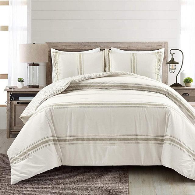 Lush Decor Farmhouse Stripe 3 Piece Reversible Comforter Bedding Set, King, Neutral