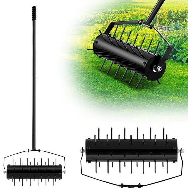 Gisafai 17 Inch Rolling Lawn Aerator, Lawn Aerator Tool with 57 Inches Handle and Tine Spikes, Heavy Duty Spike Soil Aeration Tool, Lawn Aerator for Garden Yard
